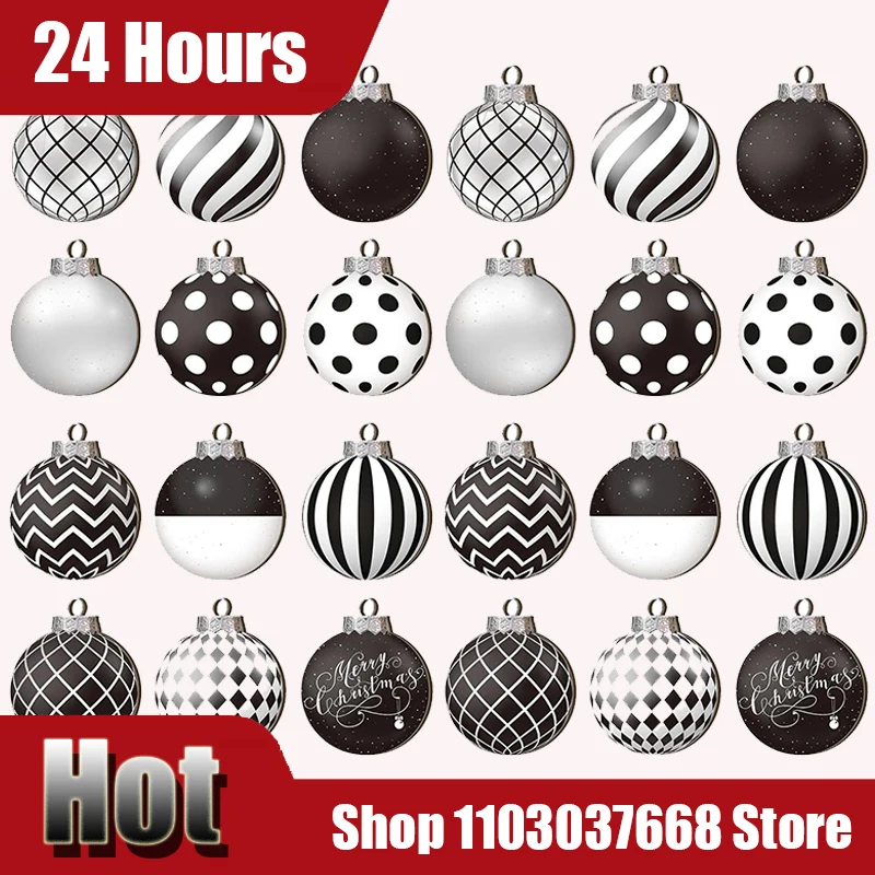 12 Uds. De adornos de bolas de Navidad, adornos colgantes para árbol de Navidad, decoración del hogar, regalo de Año Nuevo, bolas planas negras y blancas 2D, decoración navideña