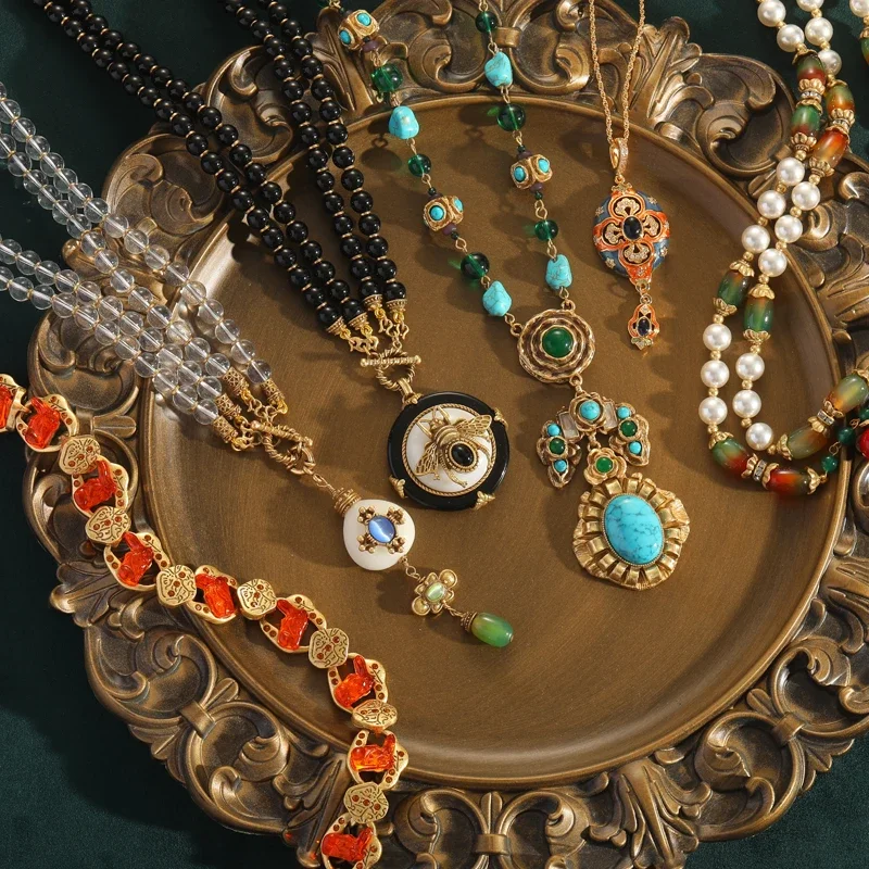 Vintage Purple Beads Necklace Party Accessories For Woman Green Natural Stones Crystal Leaf Antique Gold Color Jewelry 2025