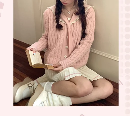 Autunno Inverno Moda Versatile Dolce Colletto Navy Maglione lavorato a maglia a maniche lunghe rosa Moda Donna Gonna a pieghe a trapezio a vita alta