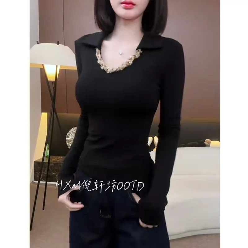 French V-neck Long-sleeved Tops for Women New Winter Slim-fitting Temperament Hot Styles