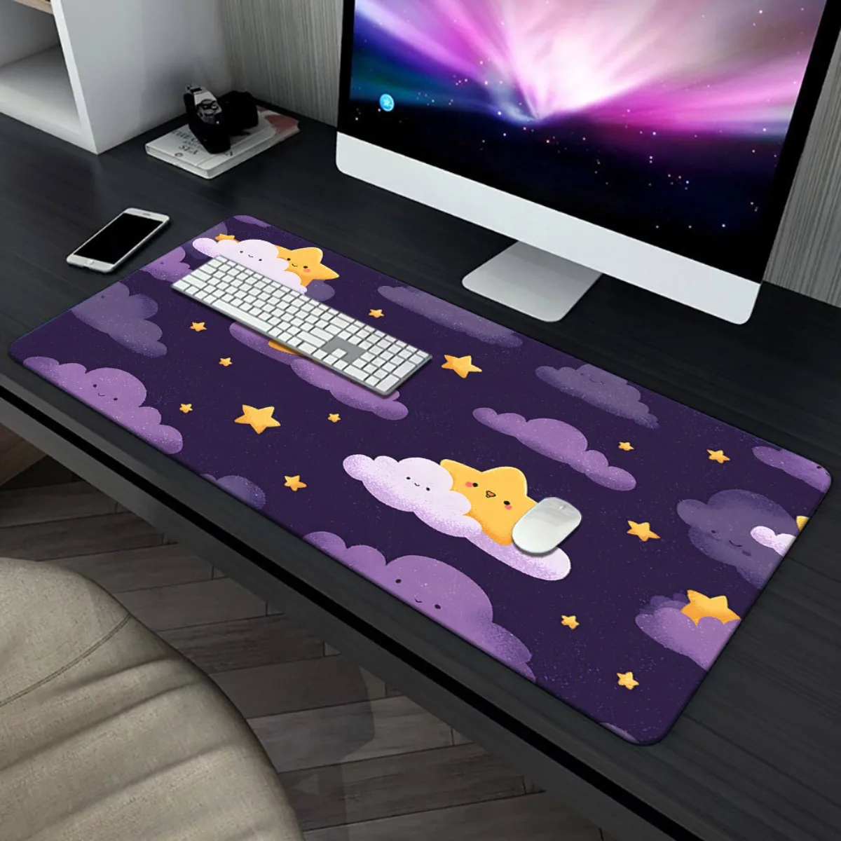

1pc XXL Stars & Clouds Design Mouse Pad - Non-Slip Rubber Base, Large Gaming & Office Desk Mat with Cute Cartoon Clouds & Stars