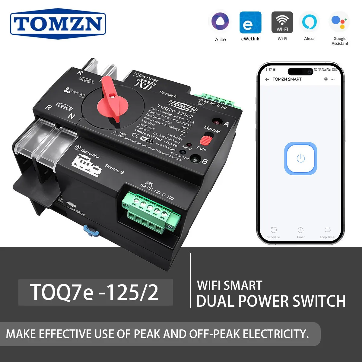 

Dual Power Switch TOMZN TOQ7e 2P eWeLink Generator to City Power WIFI Automation Manual Night Light Series Timer only 220/230V