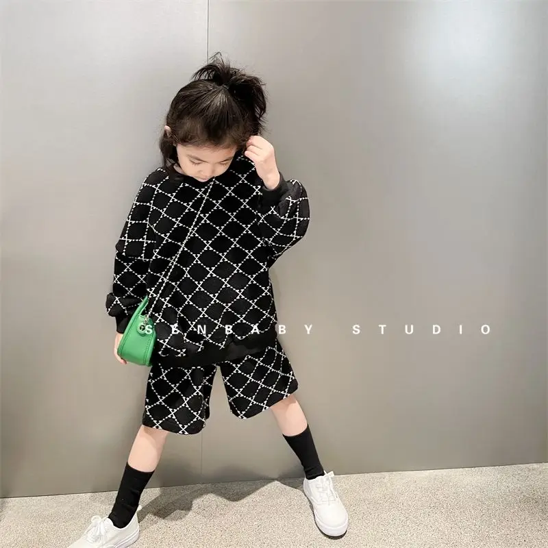 

Girls' High Quality Suit Children's Autumn Clothing Fashion Rabbit Fur Rhombus Knitted Sweater Short Pants Two-Pieces