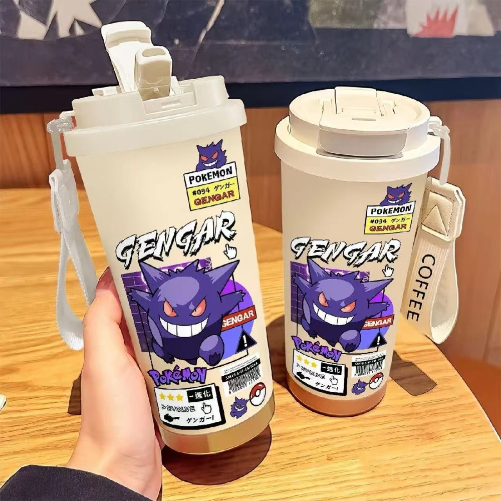MINISO Pokémon Gengar taza de paja botella de agua niños creativo portátil botella deportiva termo taza regalos de navidad para niños