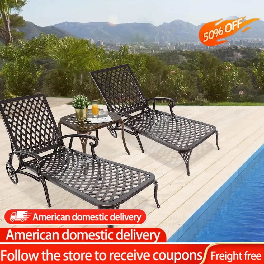 

Pool Lounge Chairs Set of 2 and 1 End Table - Cast Aluminum Tanning Chairs With Adjustable Backrest and Moveable Wheels Bronze