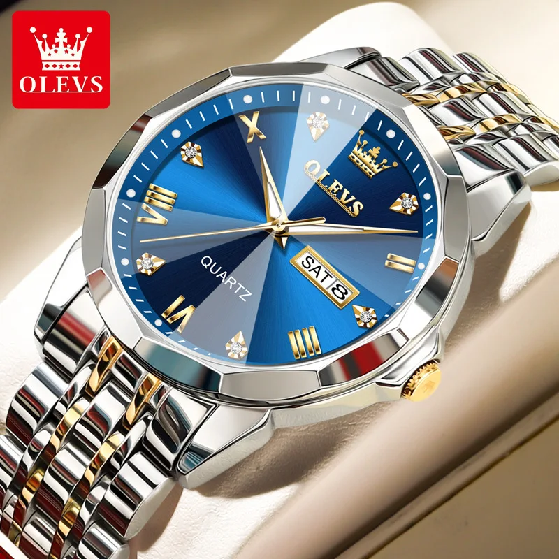 

OLEVS Watches 9931 Rhombus Mirror Original Quartz Clock for Man Waterproof Luminous Stainless Steel Male Date Week Wristwatch