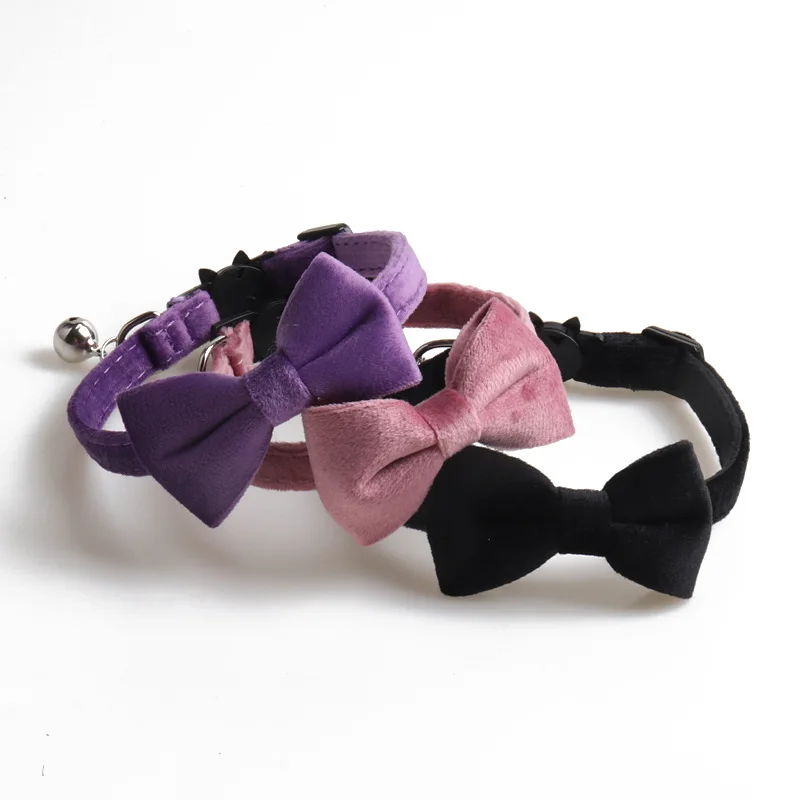 Adjustable Velvet Solid Colour Cat Collar Bowknot Puppy Kitten Collars with Bell Cats Bow Tie Safety Buckle Cat Accessories