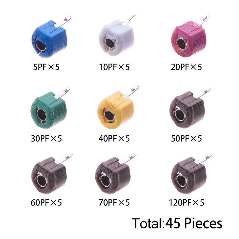 45PCS 20PF 9Values JML06 Adjustable Trimmer Capacitor Kit (5PF-120PF) for RF Circuit Tuning & Oscillator Electronic DIY Projects