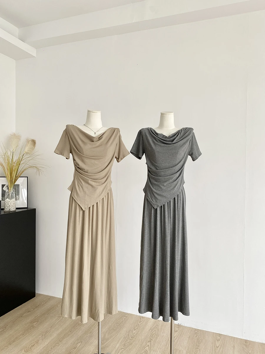 

2025 Summer New Fashion Korean Style Women's T-shirt Top Short Sleeve Asymmetrical Halter Neck Skirt Set Polyester Fiber