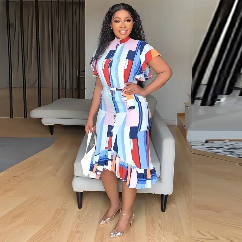 

GUWU Ruffles Short Sleeve Print Shirt Dress Single Breasted Bodycon Midi Women Dress Elegant Fashion Pencil Office Lady Wear