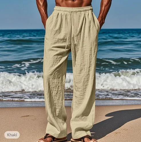 Pantaloni estivi da uomo da spiaggia, vestibilità ampia, solidi, casual, traspiranti, con coulisse, lunghezza intera, tasche a vita media dritte, pantaloni impiombati