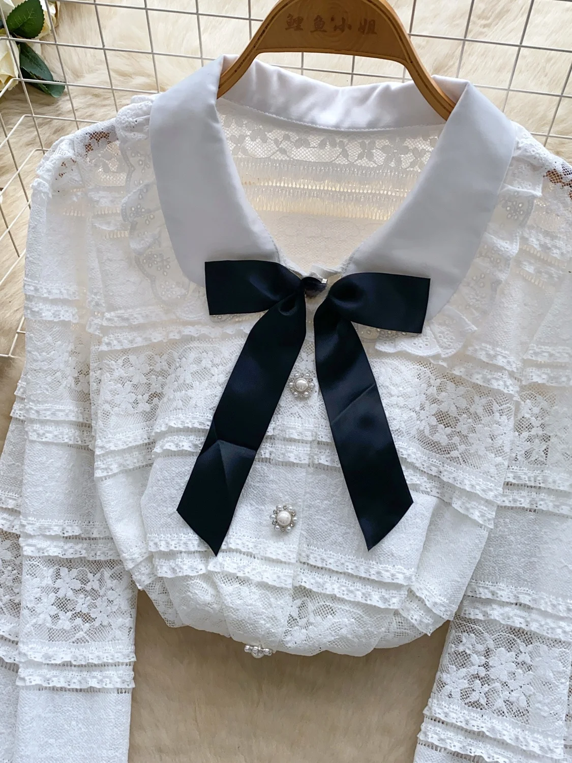 Ele Long Sve Lace irt Damen-Puppenkragen mit dünnem SLE-Knoten, Farbe Bl, Pendelfreundlich, koreanische lockere Passform