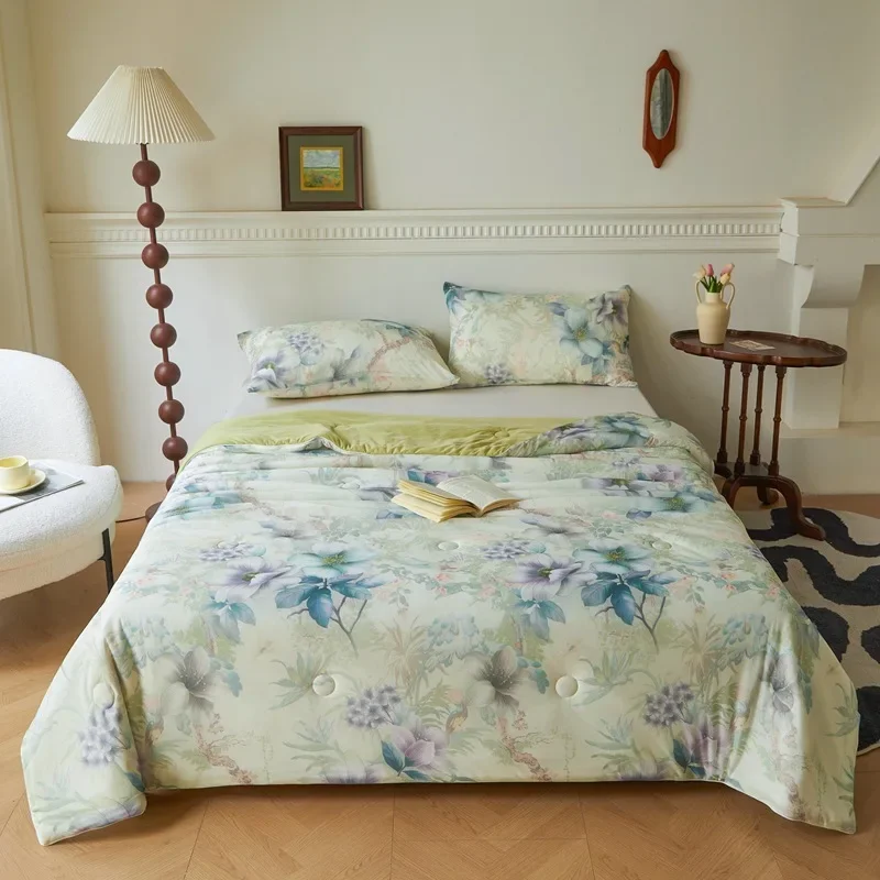 High Quality Satin Printed Summer Quilt Single Smooth Comfort Air Conditioning Blanket Pastoral Flower Cool Bedding for Bedroom