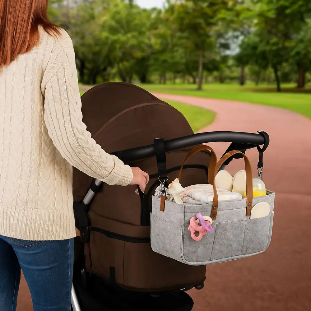 

Large Capacity Felt Diaper Storage Bag Foldable Portable Baby Felt Storage Basket with Handle Baby Stroller Hanging Bag for Home