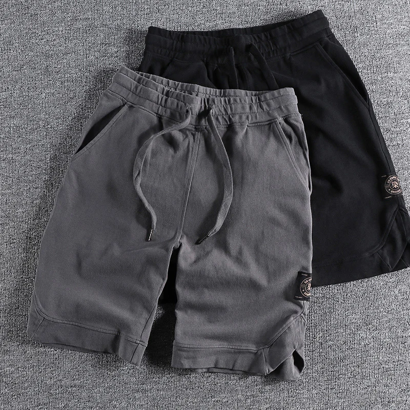 Pantalones cortos deportivos de estilo americano para hombre, Shorts de algodón puro, con cintura elástica, con cordón, informales, de cinco puntos