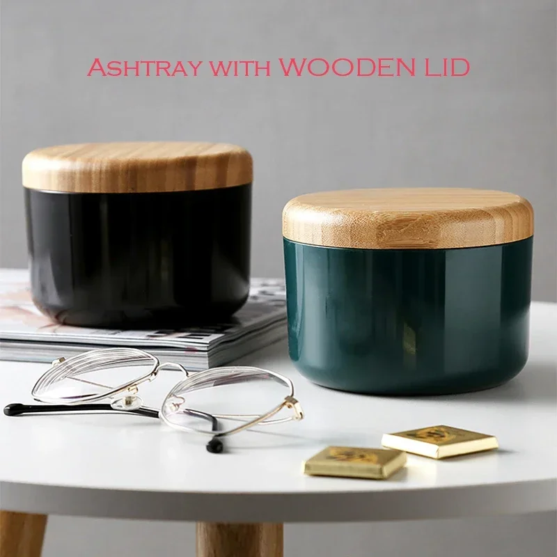 Detachable Desktop Ashtray with Wooden Lid Simple Style Windproof Ashtray for Home Office Decor Smoking Accessories