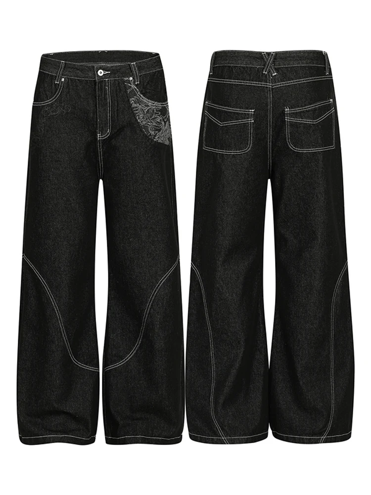 

American High Street Snake Trace A-Line Original Jeans Narrow Laser Burned Flower Embroidery Patchwork Straight Leg Jeans Men