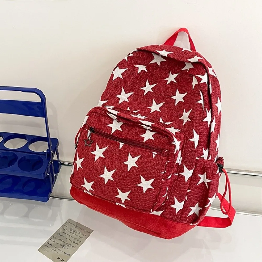 Plecak w stylu koreańskim z szarymi paskami, wieloma kieszeniami, regulowanymi paskami, nadrukiem gwiazd, lekki, idealny do dojazdów do pracy.