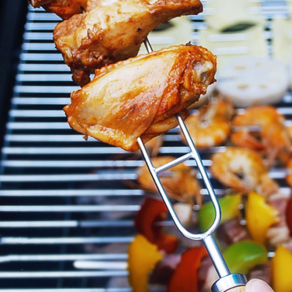 

5Pcs Stainless Steel Barbecue Forks Wooden Handle Chicken Wing Forks Outdoor Roasting Bbq Tools U Shape Roasting Barbecue Tools