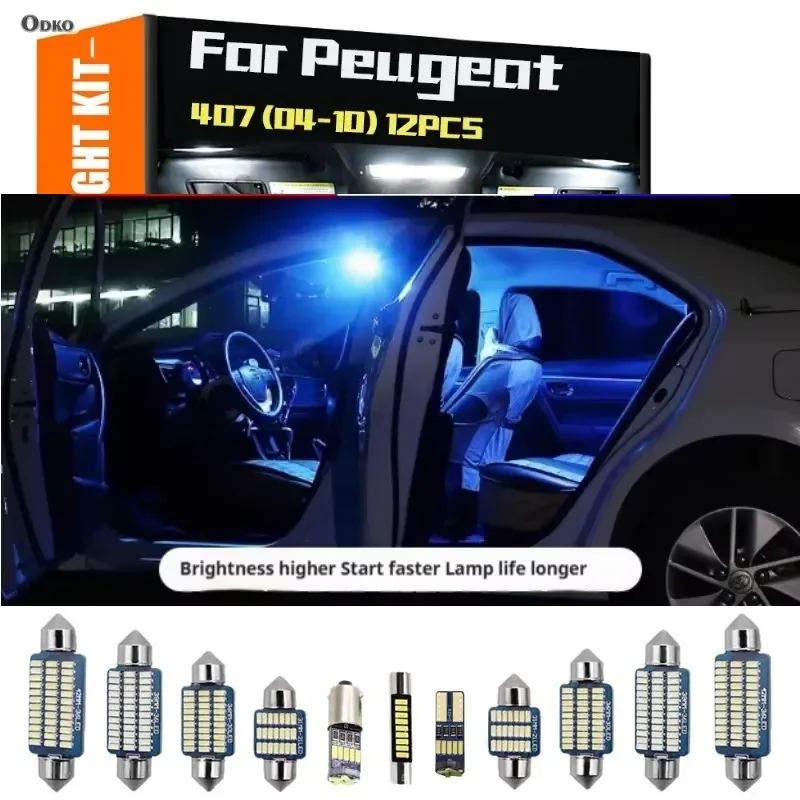 For Peugeot 407 2004-2010 12Pcs LED Interior Reading Light Trunk Plate Bulb Kit Hatchback Saloon Signal Lamp Car Lights