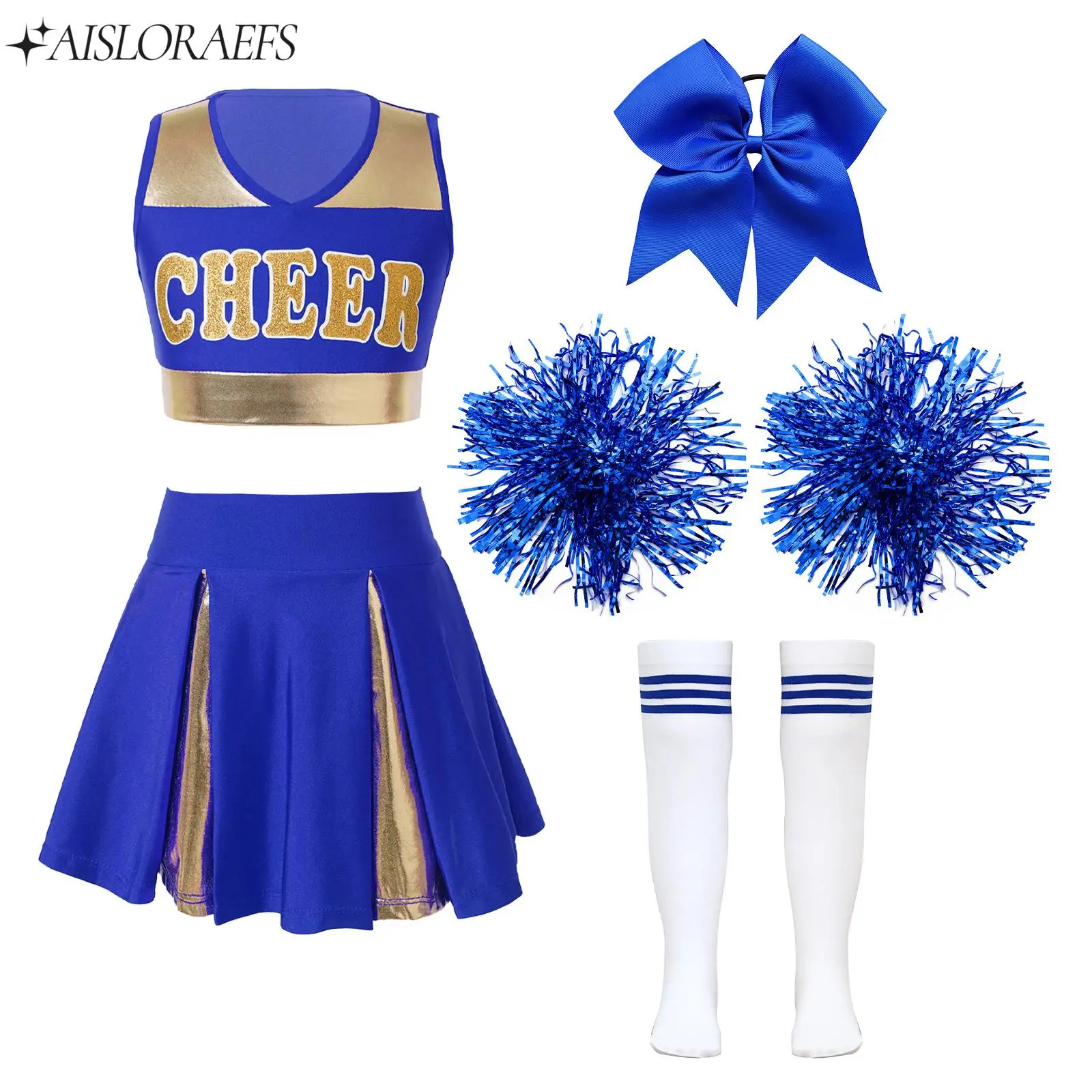 

Kids Girls Cheerleading Dance Outfits Sleeveless Crop Top Pleated Skirt Accessories School Sport Meeting Performance Costume Set