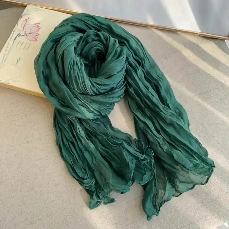ピュアカラープリーツコットンリネンスカーフ女性用ソフト通気性春秋秋冬暖かいファッショナブルなドレープショール
