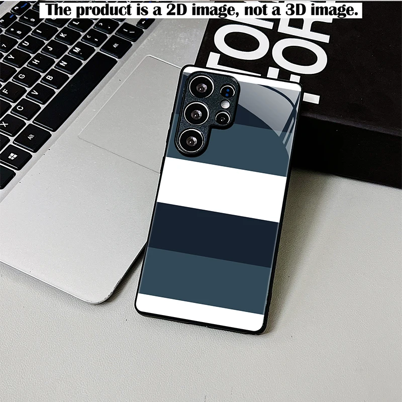 Shockproof Black Glass Phone Case 2D Print Dark Blue Gray White Horizontal Stripes Pattern Full Protection For Samsung S26 S25 S