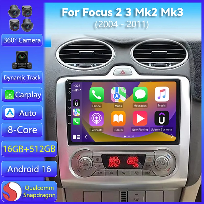 Radio para Auto con Android 16 para Ford Focus 2 3 Mk2 Mk3 2004 2005 2006 2007 - 2011, Reproductor Multimedia con Navegación, WIFI+4G, GPS, Carplay
