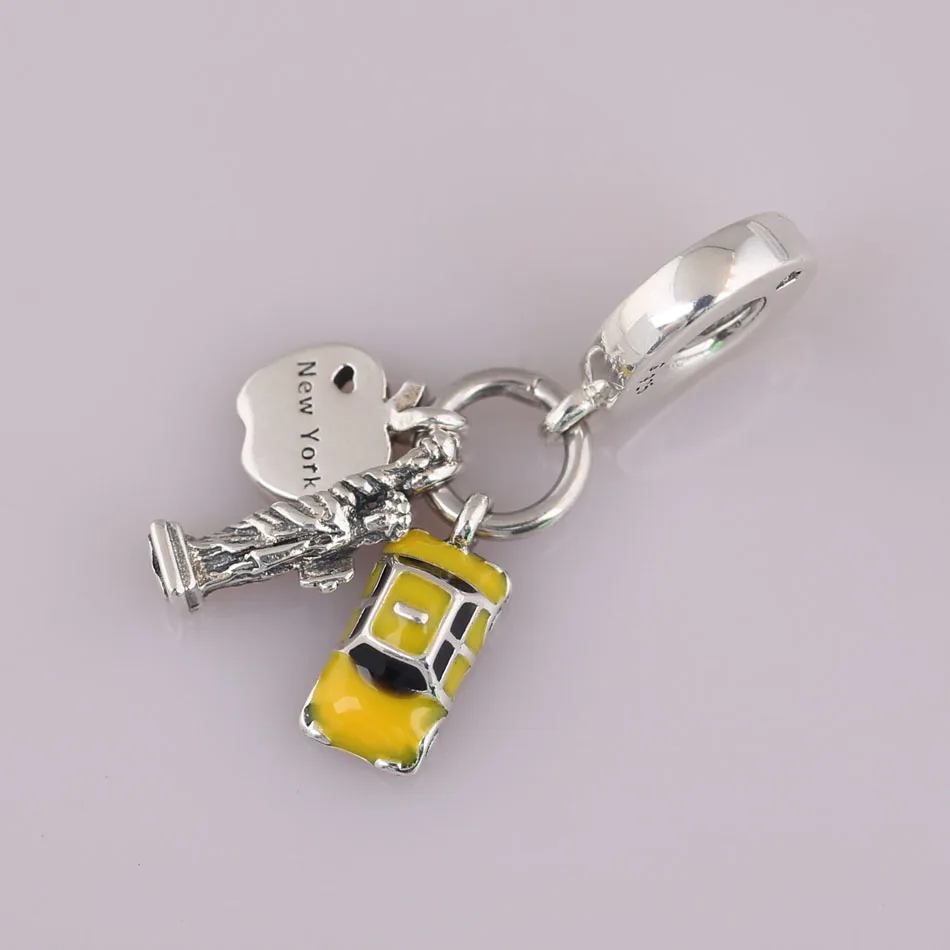 New York Highlights Dangle Charm Fit Women Bracelet Bangle Black & Yellow Enamel S925 Sterling Silver Pendant Apple Car Bead