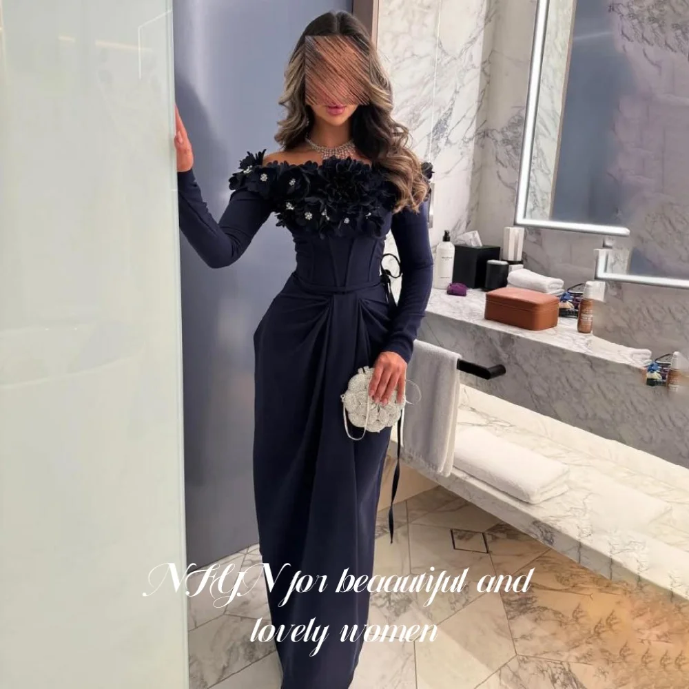 

NFYN Navy Blue Mermaid Stain Prom Dresses Off the Shoulder Party Dresses Pleat Evening Dresses with Flowers Fishbone Customized