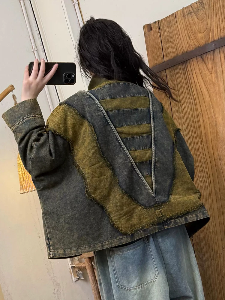 Amax LuluE 2026 Autumn Womens Vintage Patchwork Turtleneck Knitted Denim Jackets Loose Fashion Coats Classic Oversized Outerwear