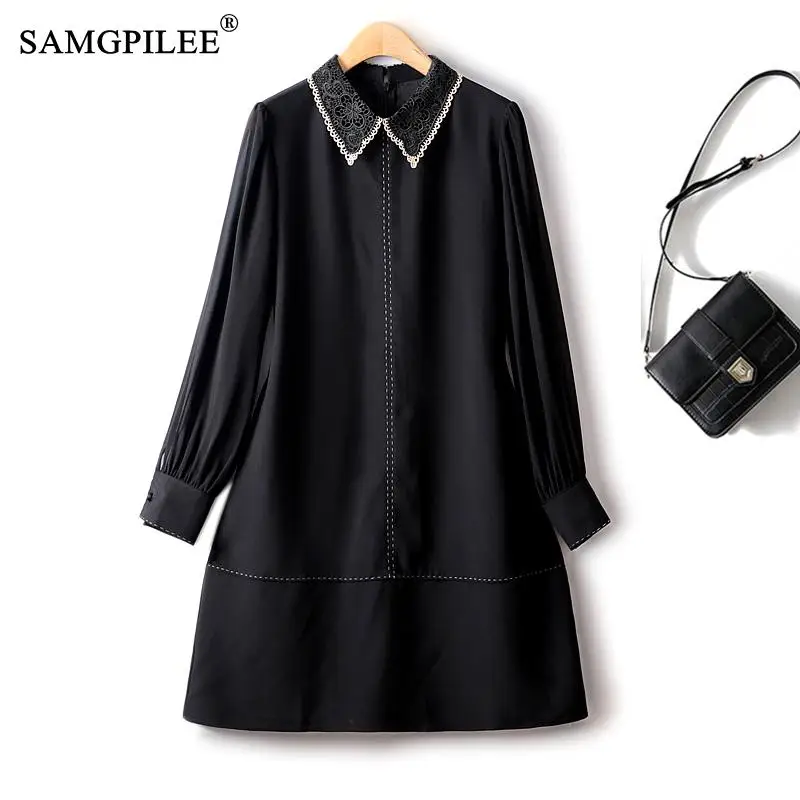 

Chic And Elegant Woman Dress European Light Luxury Crocheted Doll Collar Topstitch A Line Drape Spring Shirt Cuff Black Dresses