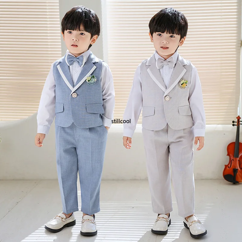 Setelan untuk anak laki-laki mode kerah desain musim panas baru pria kostum pernikahan Formal sekolah anak Piano rompi penampilan Set Blazer