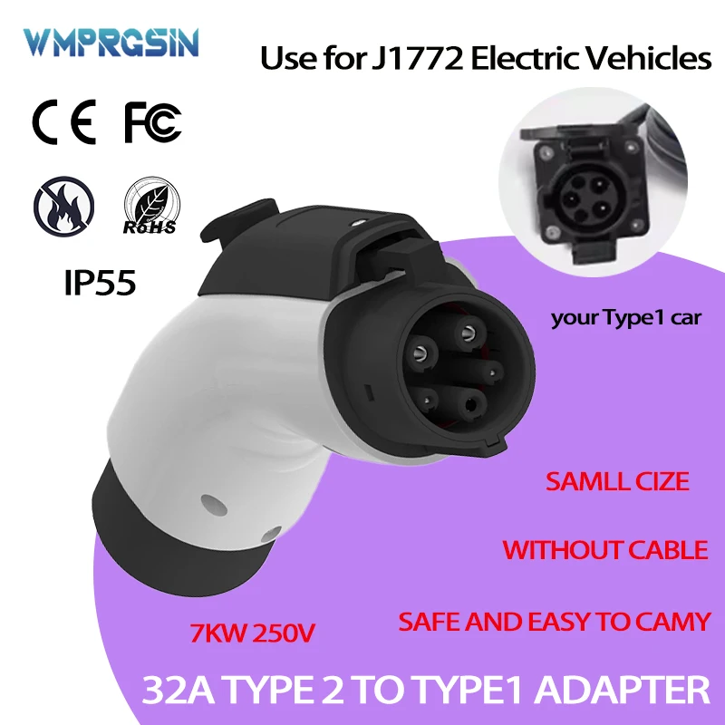 

Адаптер для зарядки электромобилей Type2 на Type1, 32А, 7 кВт (макс.), совместим с зарядными устройствами Type 2 для электромобилей с разъемом Type 1