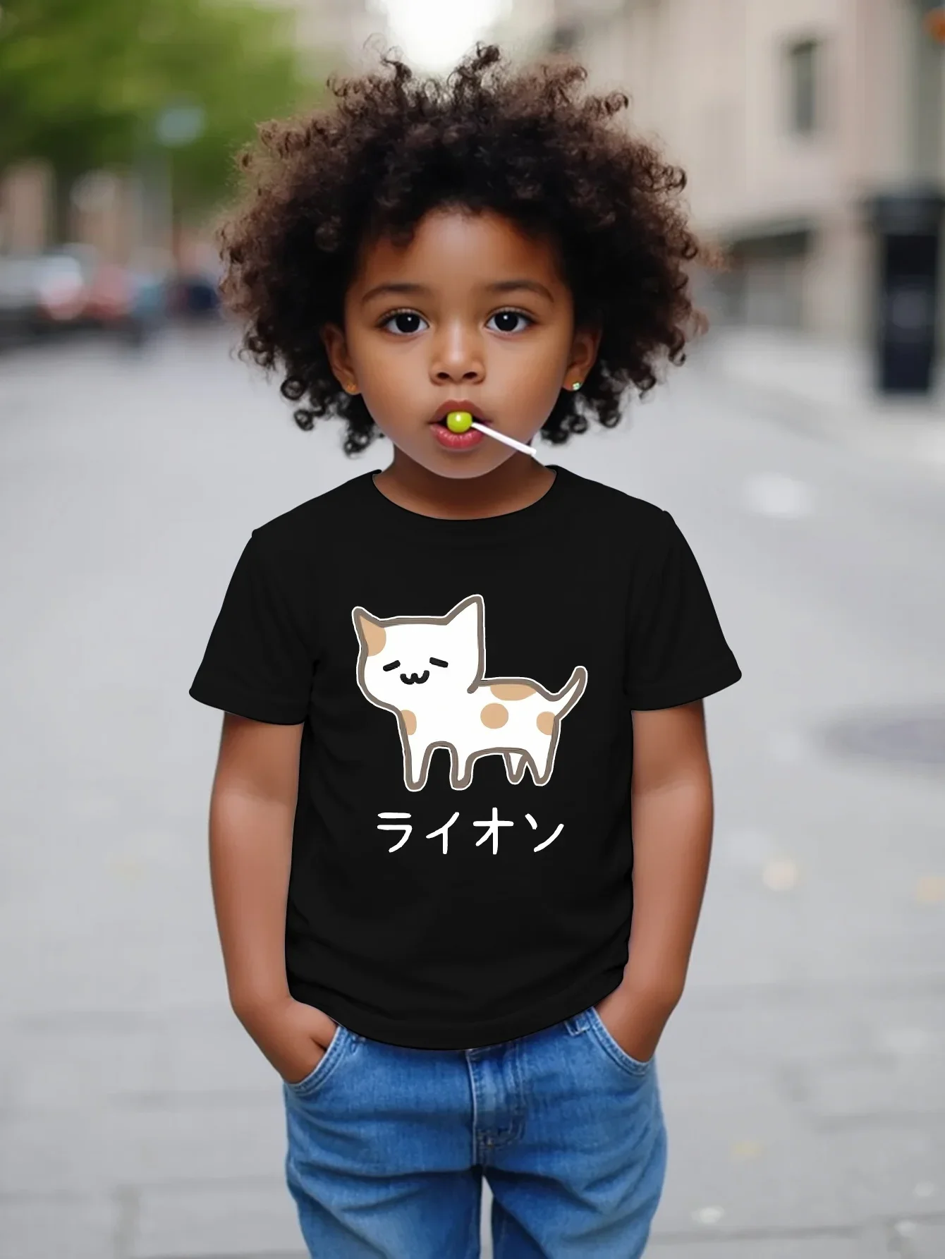 Toddler Boys Anime Style Cat Printed T Shirt Adorable Spotted Kitten And Japanese Character Pattern Short Sleeve Casual Tee