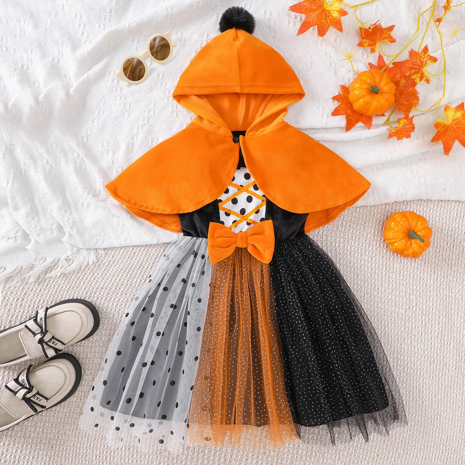 

Kids Girl Cotton Halloween Set Polka Dot Tulle Dress with Hooded Cape 2-6Y Baby Girl Clothing Cute Festival Costume Outfit