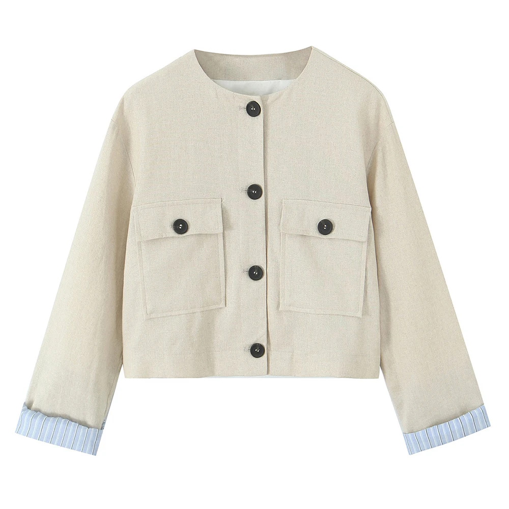 

Комплект из смеси льна с короткой курткой и прямыми брюками, женская одежда в европейском и американском стиле, популярная в