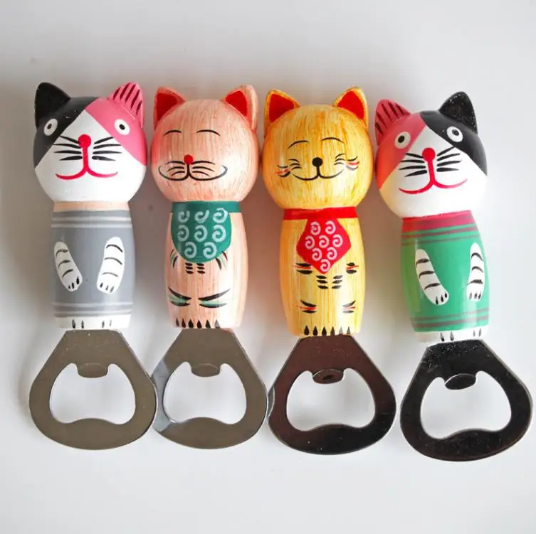 

Cat Fridge Magnet Bottle Opener Cartoon Cats Cap Openers Multifunctional Wooden Handle Beer Opener Gift Kitchen Tools SN4566