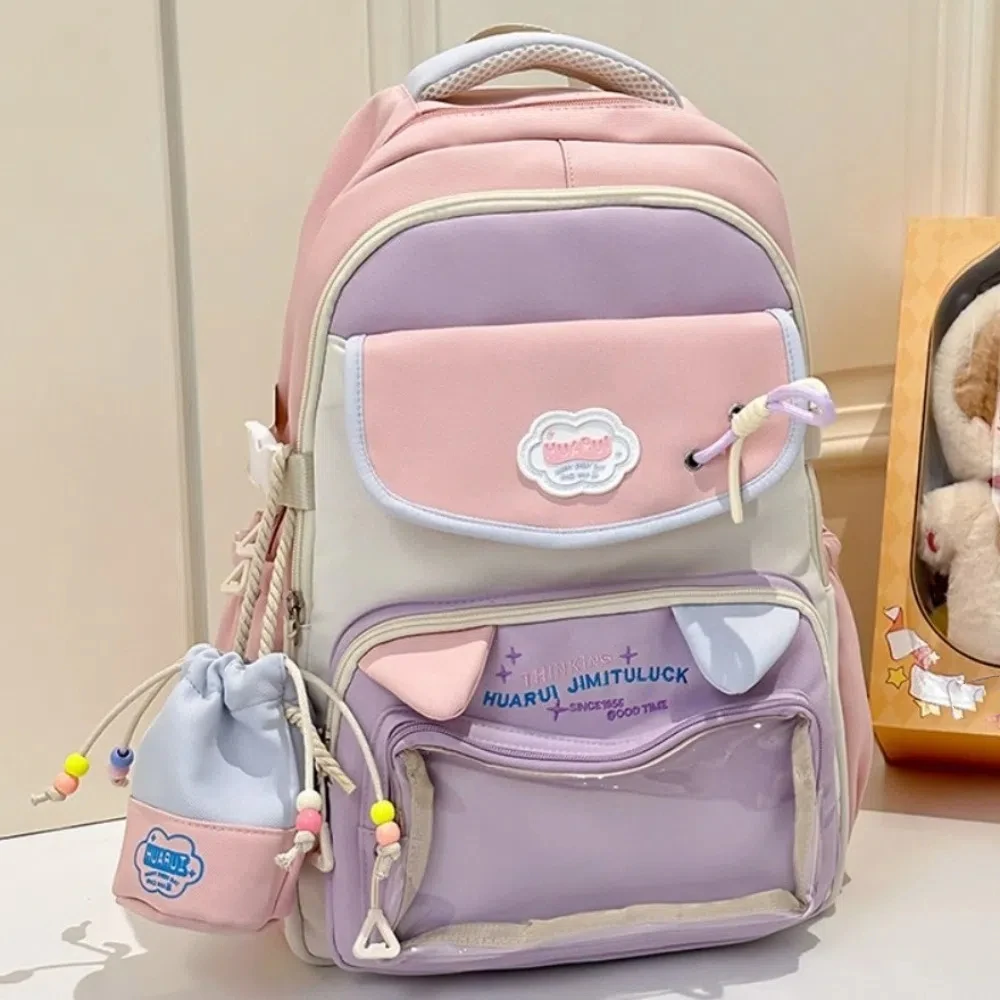 

Large Capacity Girls' Backpacks Color Matching Transparent Pocket School Bags Multiple Pockets Cartoon Shoulders Bag Teenagers