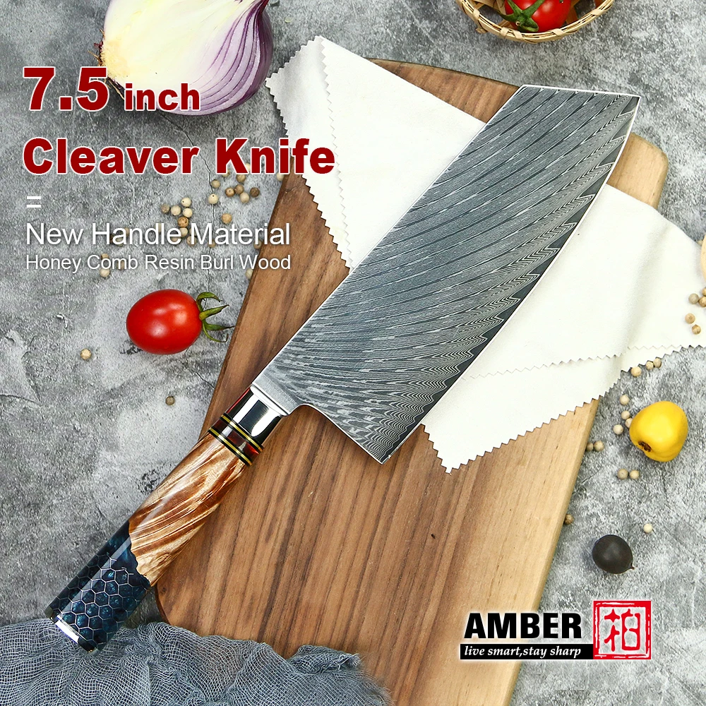 Amber 1-9pcs Kitchen Knife Set 67 Layers Custom Damascus Steel 15°±1 Per Side Steel Blade with Resin and burl wood Handle