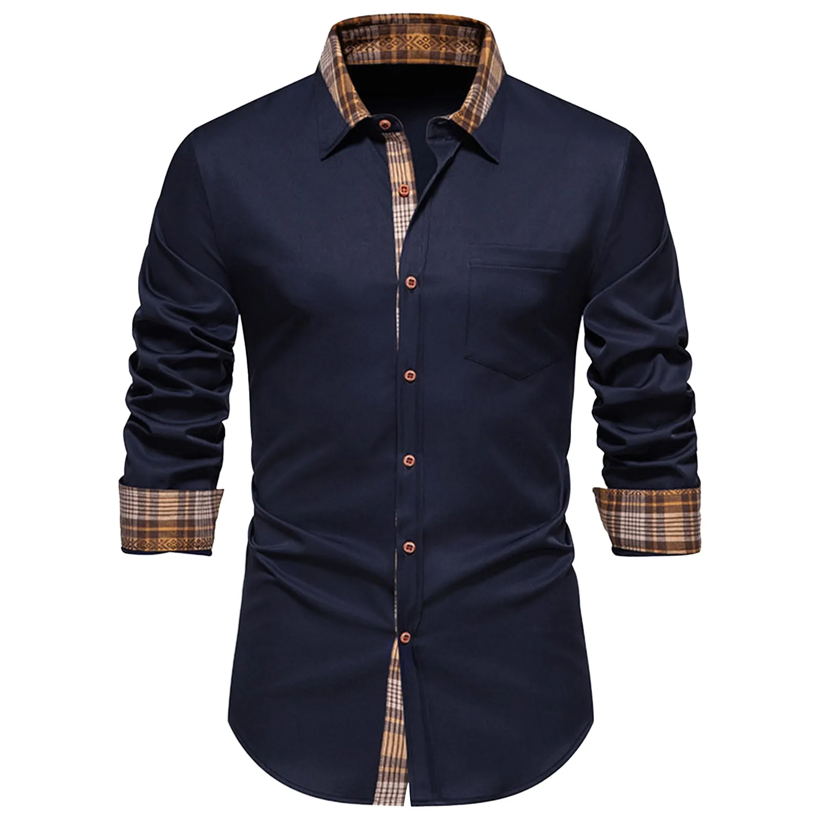 Men'S Classic Shirts Fashion Trend Color Block Business Casual Fitting Shirts Long Sleeved Triangle Collar Button Shirts