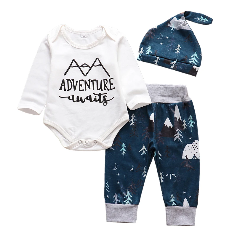 Newborn Baby Boy Clothes Set Letter Adventure Long Sleeve Romper Tops And Pant With Hat 3Pcs Outfits For Autumn Infant Clothing