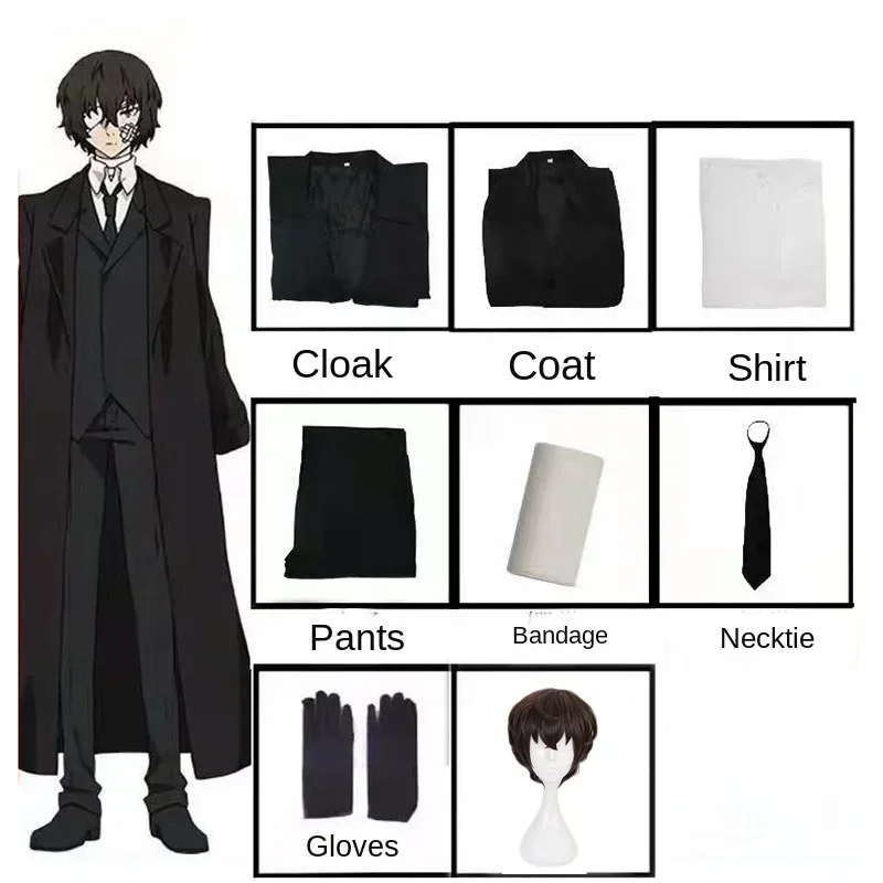 RT01 Dazai Osamu Costume Cosplay Bungo Stray Dogs Uomo e Donna Trench Nero Uniforme Abiti Parrucca Unisex Accessori * JK2