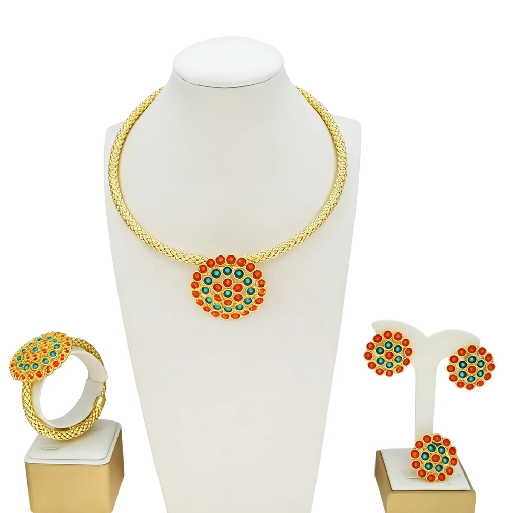 Brazilian Gold Plated Red Green Stone Inlay Circular Jewelry Set Woven Mesh Choker Full Statement Jewelry For African Wedding