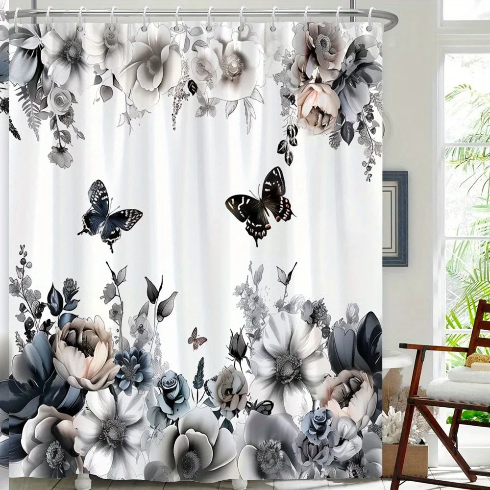

1 Elegant Solid Floral Butterfly Shower Curtain - Vintage Botanical Style, White, Gray and Blue, Machine Washable, with Hooks