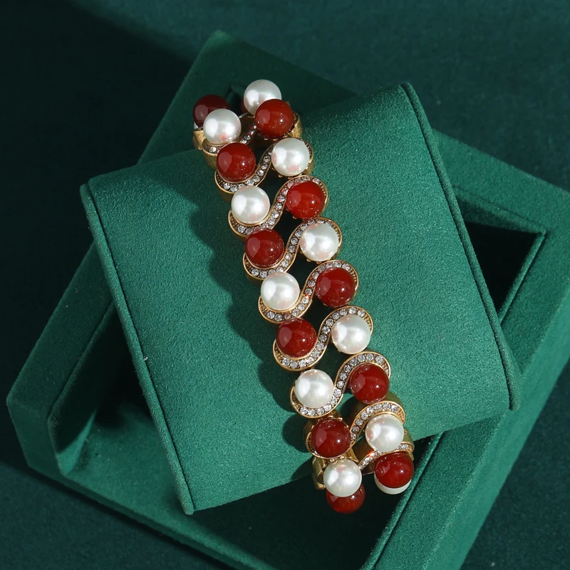 

Vintage Red Glass Wide Pearl Woman Bracelets Natural Stone Rhinestones Bangle Elastic Bamboo Knot Handmade Antique Jewelry