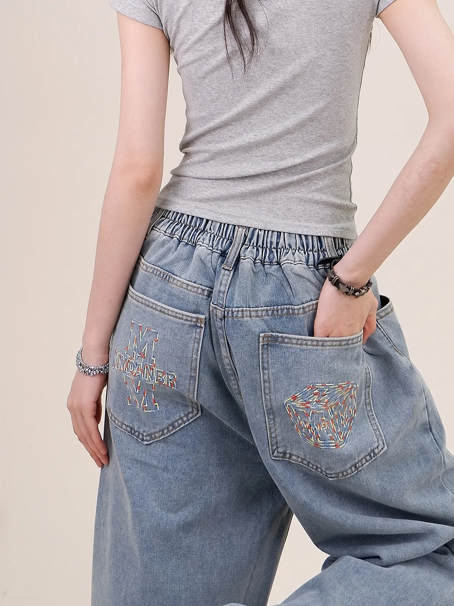 Dopamine Letter Embroidered Jeans Female 2024 Summer New Loose Bf American High Street