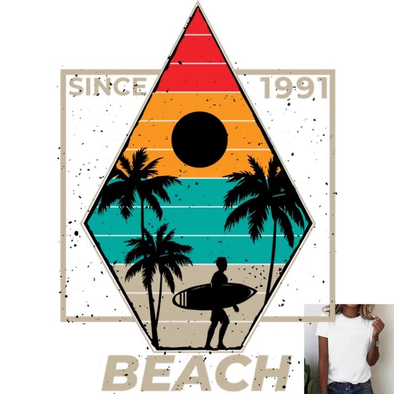 Vintage Surfer Coconut Tree Beach Heat Transfer White Ink Iron - on, for T - shirts/Canvas Bags, Summer Casual Vacation Style,