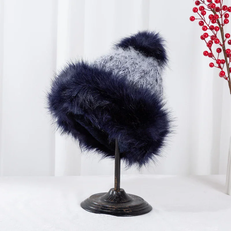 Women Winter Pom Pom Hat Fashion Knitted Beanie Thick Fleece Lined Warm Russian Style Fur Skullies Cap Elegant Cold Weather Hat