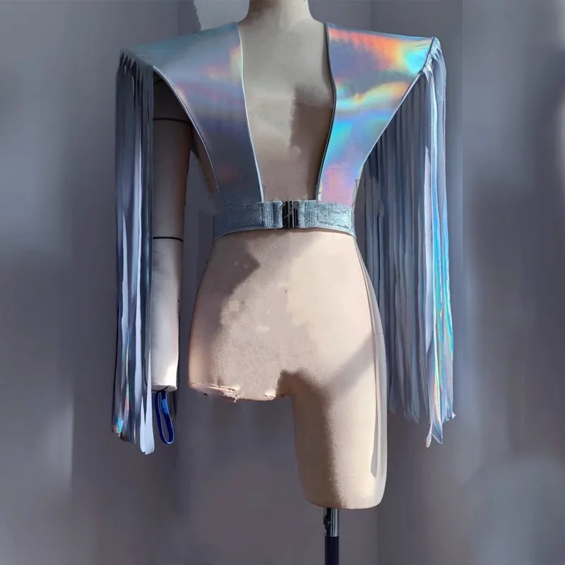 Male Women Fringe Armor Vest Black Silver Tassel Shoulder Pads DJ Gogo Stage Performance Show Accessories Singer Dance Costume